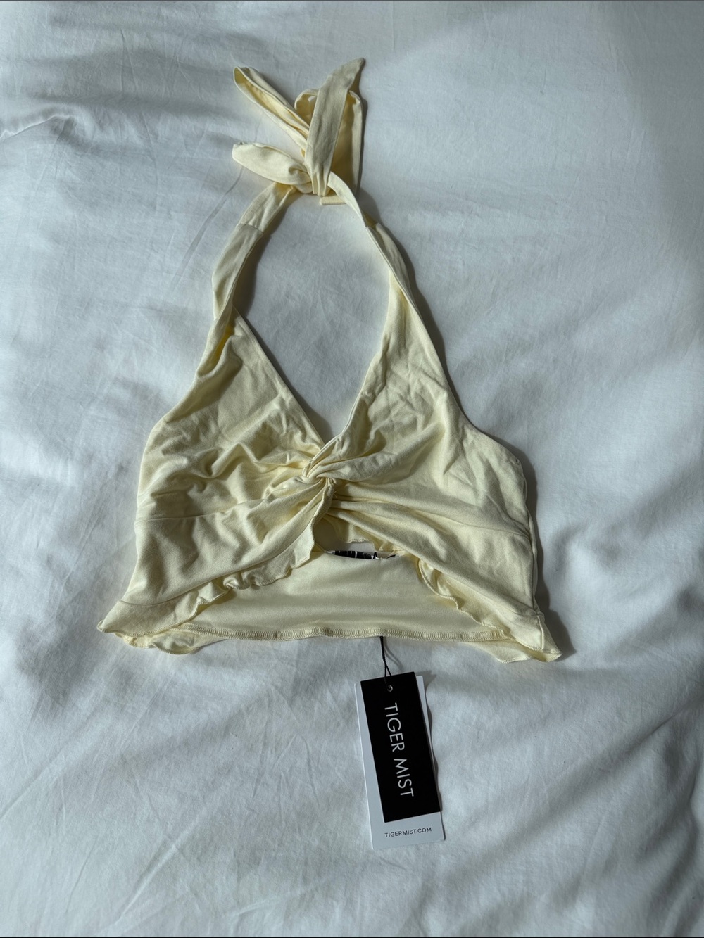 Tiger Mist Pale Yellow Twist-Front Halter Crop Top